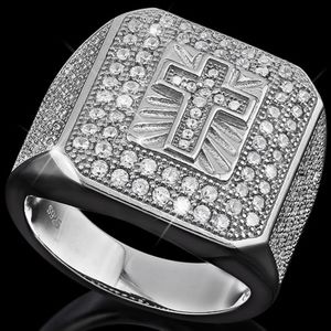 Ring Mens Cross 140 Round Cut Created Diamonds 0.925 Sterling Silver 12.23 Grams